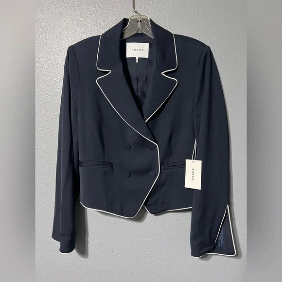 Frame Women’s Piped Cropped Blazer Jacket Navy / White Sz 8 NWT Lined - Picture 5 of 8